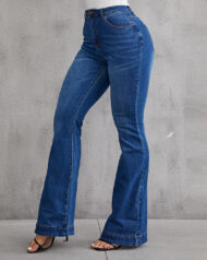 Ladies Flared High Waist Denim Button Stretch Trousers - Image 21