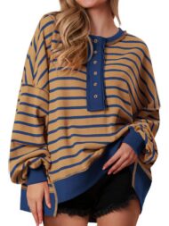 Women's Oversized Striped Button Up Henley Neck Waffle Knit Pullover (Buy 2 Free Shipping) - Image 11