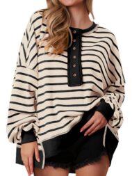 Women's Oversized Striped Button Up Henley Neck Waffle Knit Pullover (Buy 2 Free Shipping) - Image 14