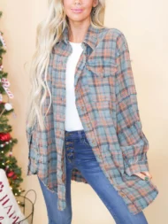 Women's Mineral Washed Button Down Plaid Flannel Shirt (Buy 2 Free Shipping) - Image 4