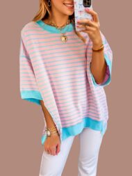 Women's Oversized Striped Color Block Half Sleeve Tops (Buy 2 Free Shipping) - Image 2