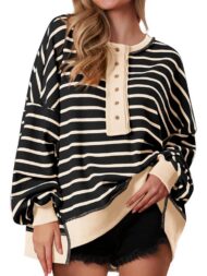 Women's Oversized Striped Button Up Henley Neck Waffle Knit Pullover (Buy 2 Free Shipping) - Image 17