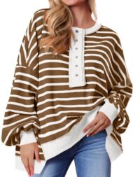 Women's Oversized Striped Button Up Henley Neck Waffle Knit Pullover (Buy 2 Free Shipping) - Image 4