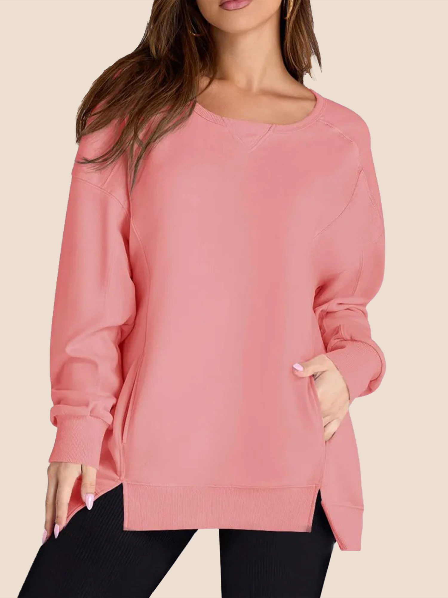 1-2-27-1 Women's High Low Side Slit Pullover Sweatshirt With Pockets (Buy 2 Free Shipping) - Image 1
