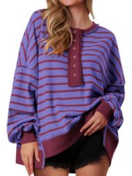 Women's Oversized Striped Button Up Henley Neck Waffle Knit Pullover (Buy 2 Free Shipping) - Image 5
