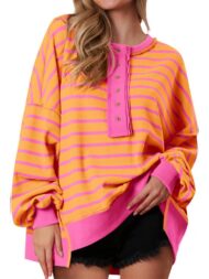Women's Oversized Striped Button Up Henley Neck Waffle Knit Pullover (Buy 2 Free Shipping) - Image 8