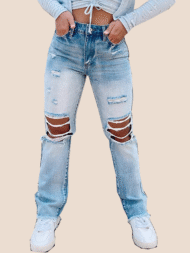 High Waist Frayed Hem Ripped Jeans - Image 2