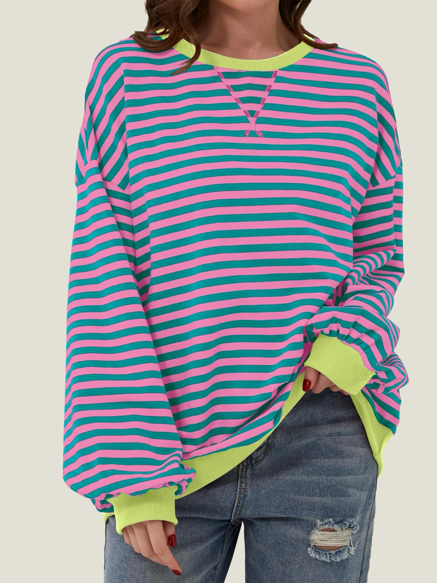 10-121 Women's Oversized Striped Long Sleeve Pullover (Buy 2 Free Shipping) - Image 1