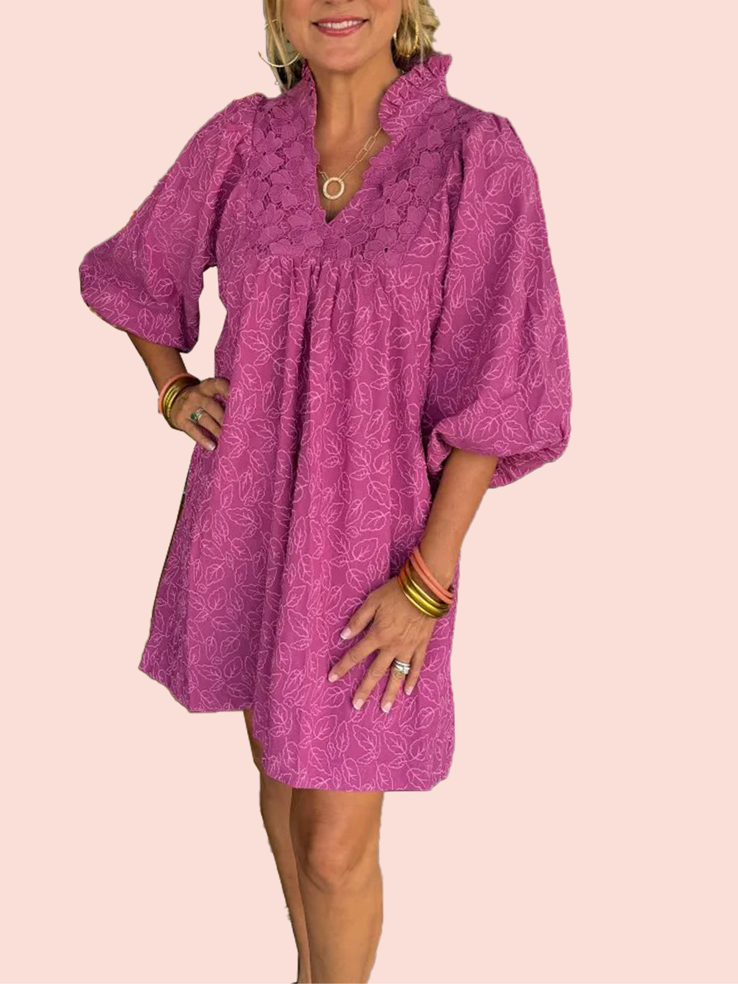 10-2-1 Women's Puff Sleeve Leaf Jacquard Mini Dress (Buy 2 Free Shipping) - Image 1