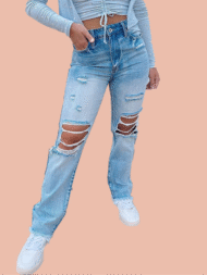 High Waist Frayed Hem Ripped Jeans