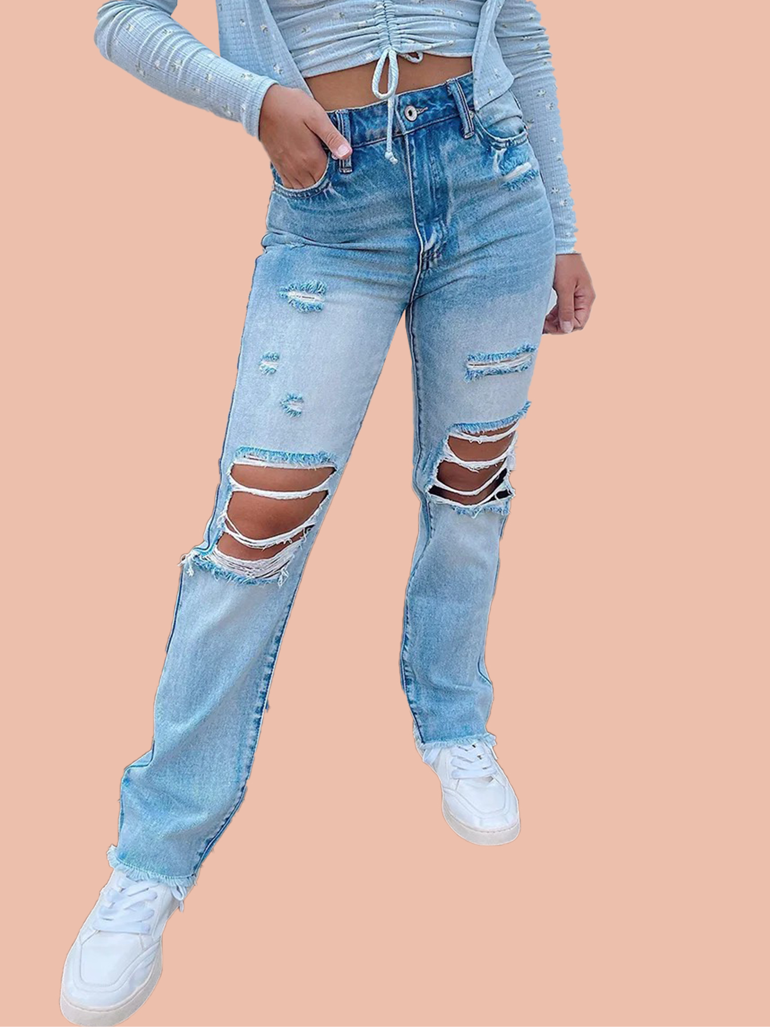 10-2-10 High Waist Frayed Hem Ripped Jeans - Image 1