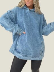 Denim Hooded Sweatshirt with Front Pockets (Buy 2 Free Shipping)