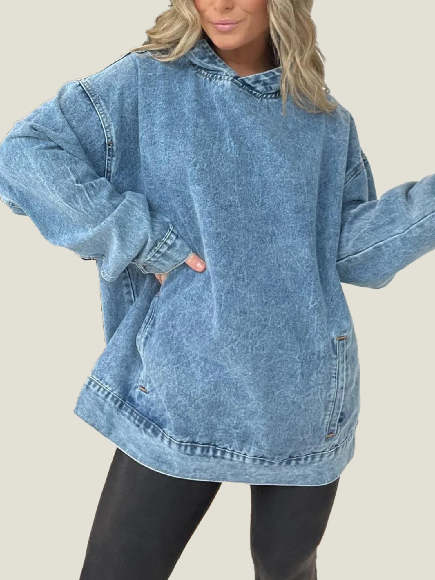 10-2-3-1 Denim Hooded Sweatshirt with Front Pockets (Buy 2 Free Shipping) - Image 1