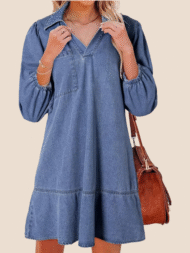 Women's V-Neck Puff Sleeve Denim Layered Dress (Buy 2 Free Shipping)