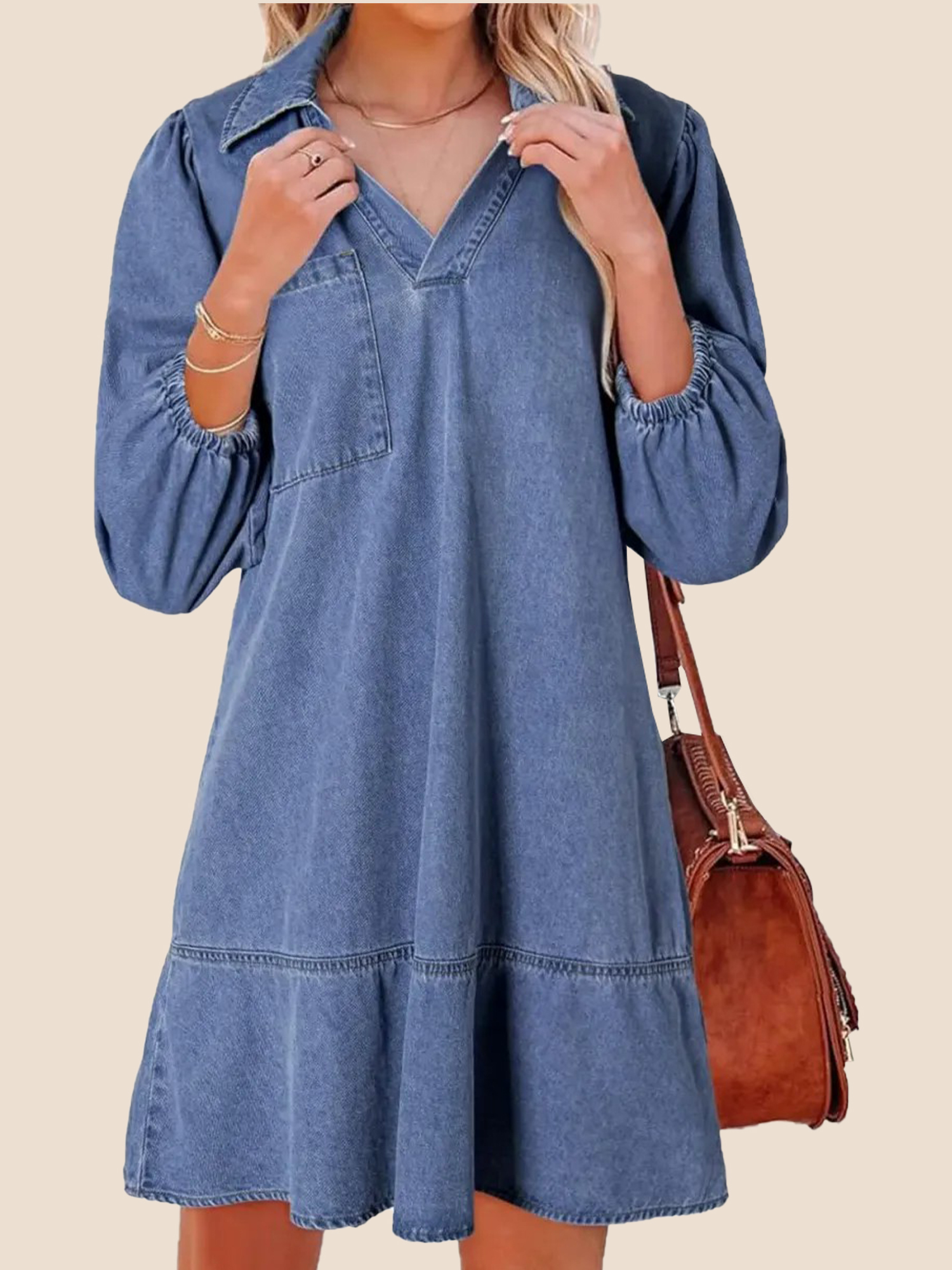 12-2-8 Women's V-Neck Puff Sleeve Denim Layered Dress (Buy 2 Free Shipping) - Image 1