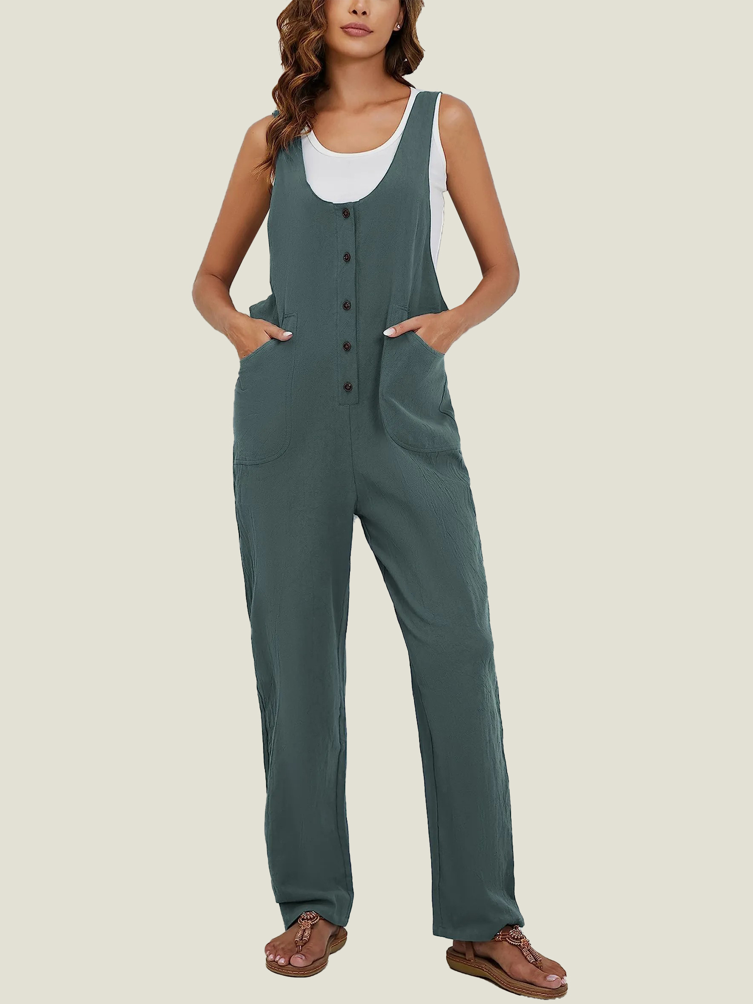 12-91 Women's Adjustable Straps Button Up Jumpsuit (Buy 2 Free Shipping) - Image 1