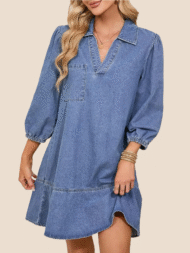 Women's V-Neck Puff Sleeve Denim Layered Dress (Buy 2 Free Shipping) - Image 2