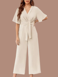 Women's V Neck Tie Knot Front Wide Leg Jumpsuits (Buy 2 Free Shipping)