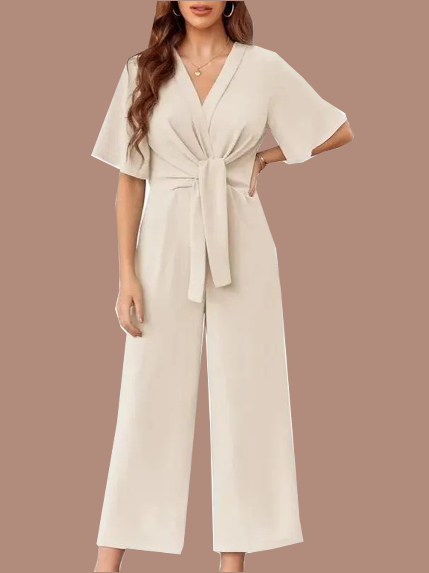 13-2 Women's V Neck Tie Knot Front Wide Leg Jumpsuits (Buy 2 Free Shipping) - Image 1