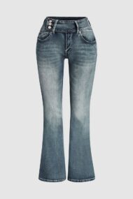 Vintage Button Mid Rise Flared Jeans - Image 11