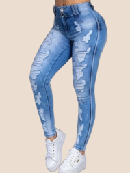 Double-button Ripped Skinny Stretch Jeans - Image 2
