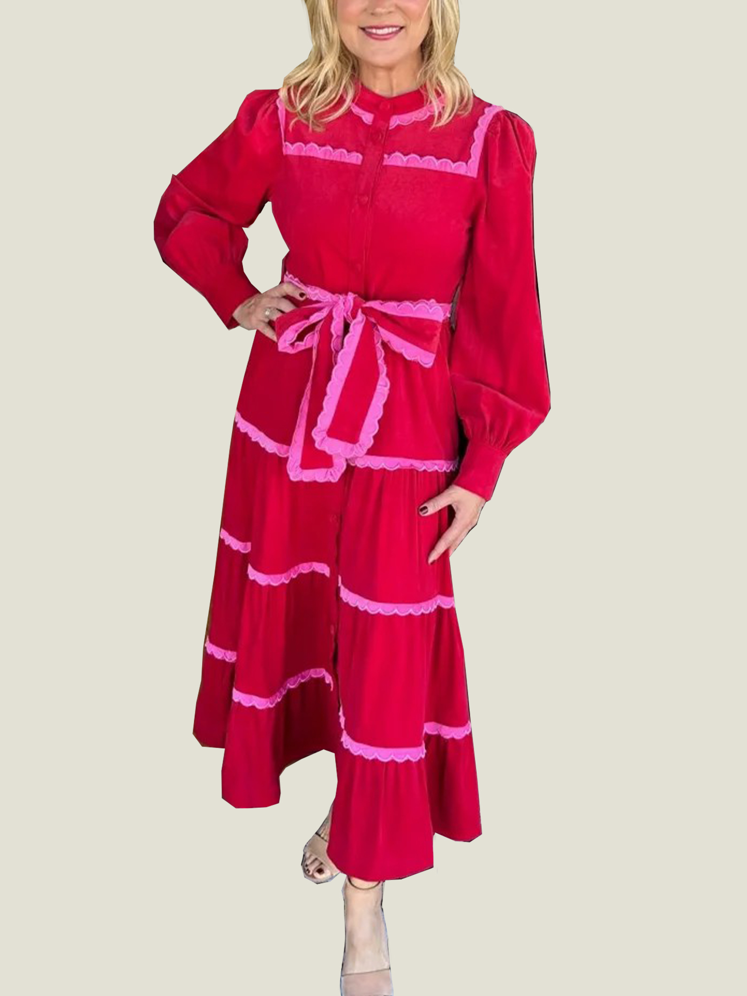 15-2 Women's Button Down Scalloped Tiered Corduroy Dress (Buy 2 Free Shipping) - Image 1