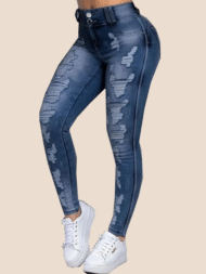 Double-button Ripped Skinny Stretch Jeans
