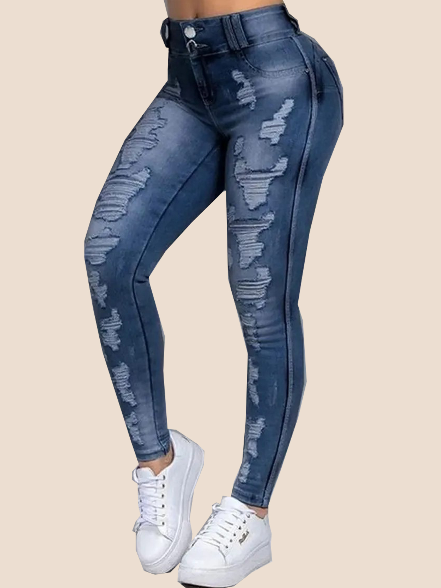 15-39 Double-button Ripped Skinny Stretch Jeans - Image 1