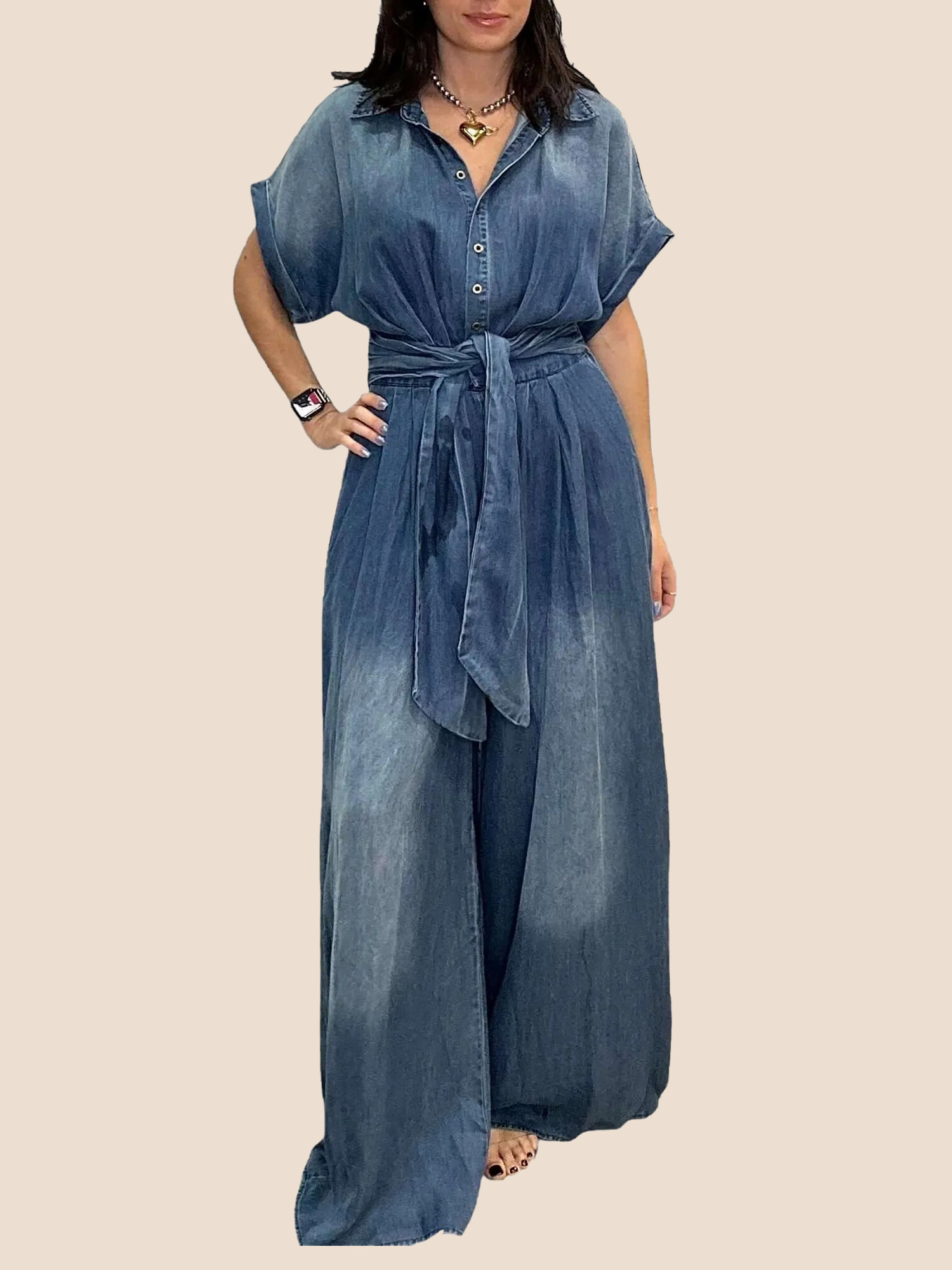 2-1100 Women's Tie-Waist Wide-Leg Denim Jumpsuit (Buy 2 Free Shipping) - Image 1