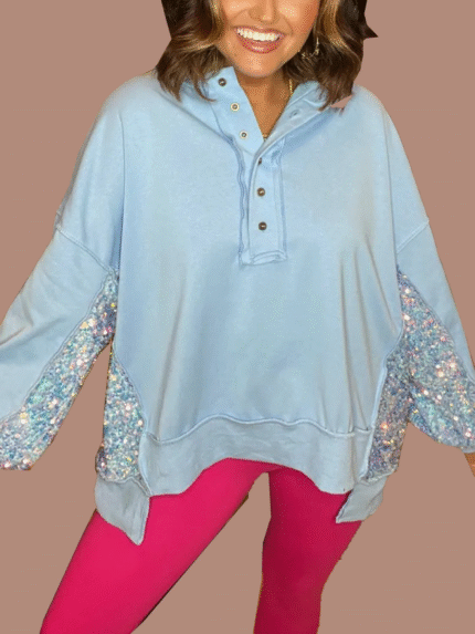 Women's Sequin Colorblock Henley Sweatshirt (Buy 2 Free Shipping)