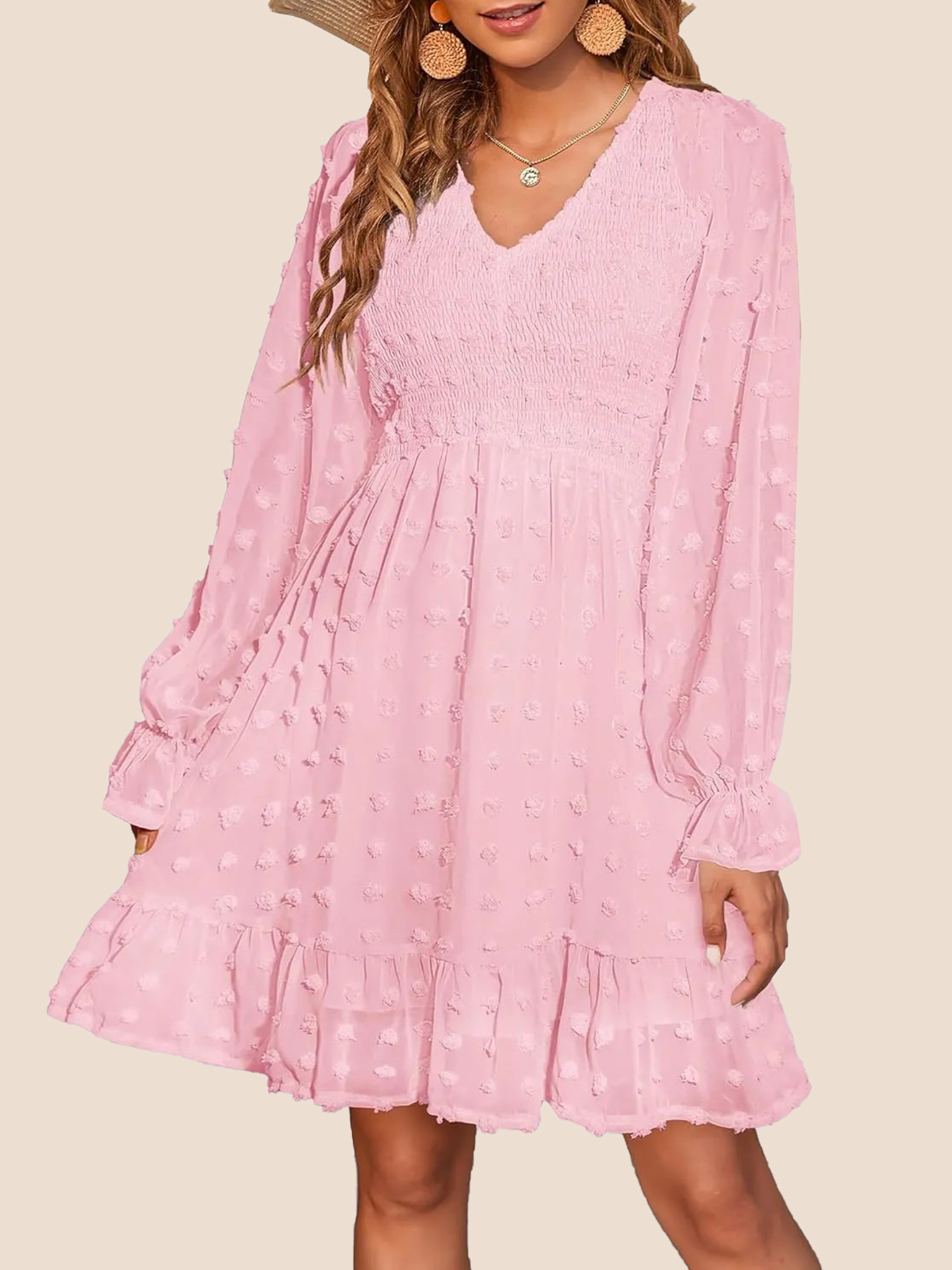 2-2-30 Women's Spring V Neck Swiss Dot Chiffon Mini Dress (Buy 2 Free Shipping) - Image 1