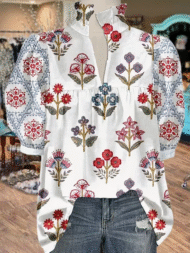 Women's V Neck Puff Sleeve Floral Print Blouse (Buy 2 Free Shipping) - Image 5