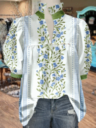 Women's V Neck Puff Sleeve Floral Print Blouse (Buy 2 Free Shipping) - Image 4