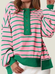 Women's Oversized Striped Button Up Henley Neck Waffle Knit Pullover (Buy 2 Free Shipping) - Image 2