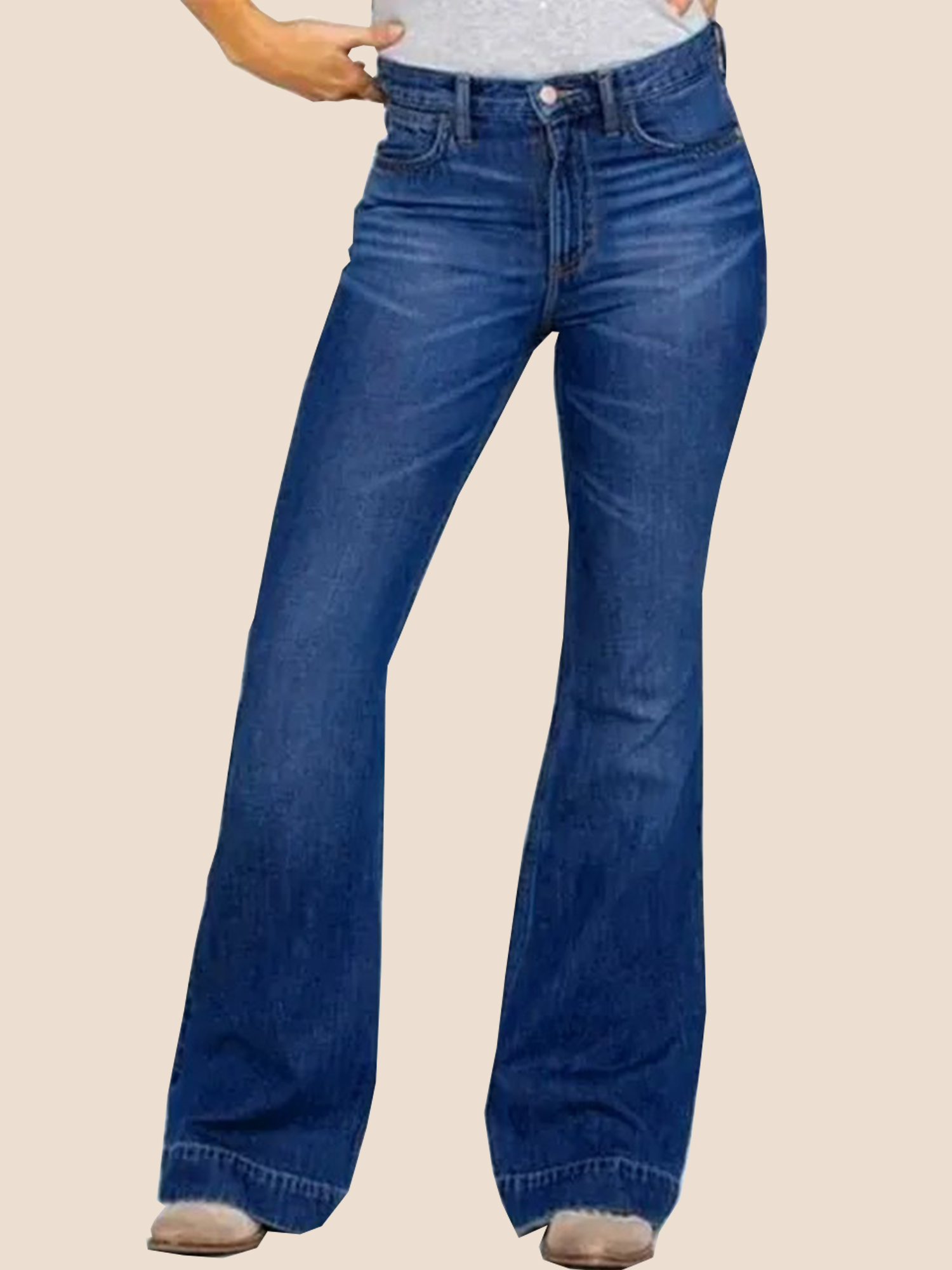 23-15 Ladies Flared High Waist Denim Button Stretch Trousers - Image 1