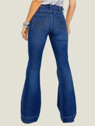 Ladies Flared High Waist Denim Button Stretch Trousers - Image 2