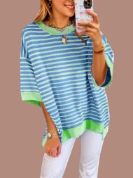 Women's Oversized Striped Color Block Half Sleeve Tops (Buy 2 Free Shipping) - Image 3