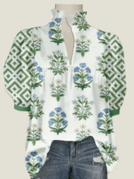 Women's V Neck Puff Sleeve Floral Print Blouse (Buy 2 Free Shipping)