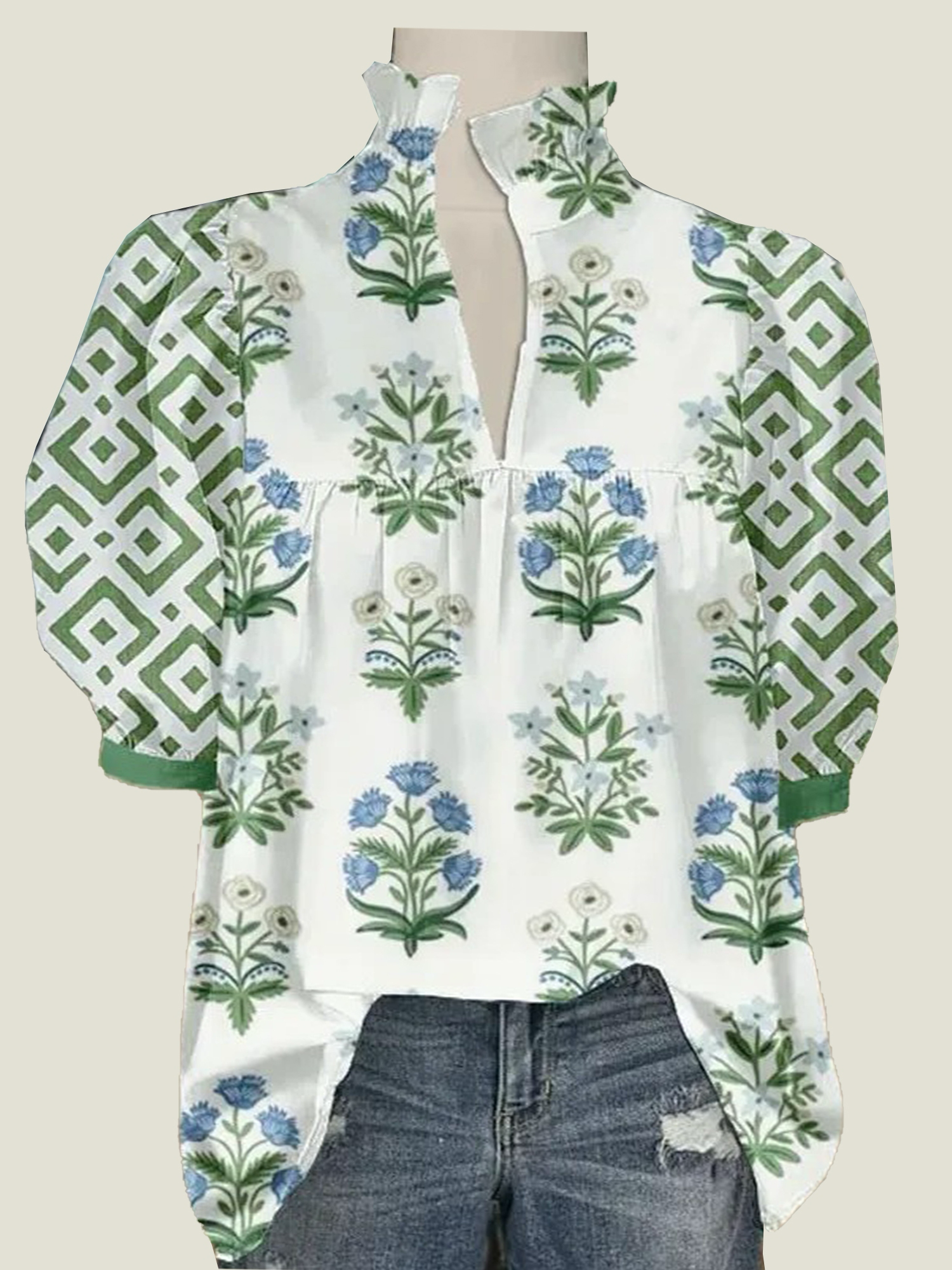 3-2-29 Women's V Neck Puff Sleeve Floral Print Blouse (Buy 2 Free Shipping) - Image 1