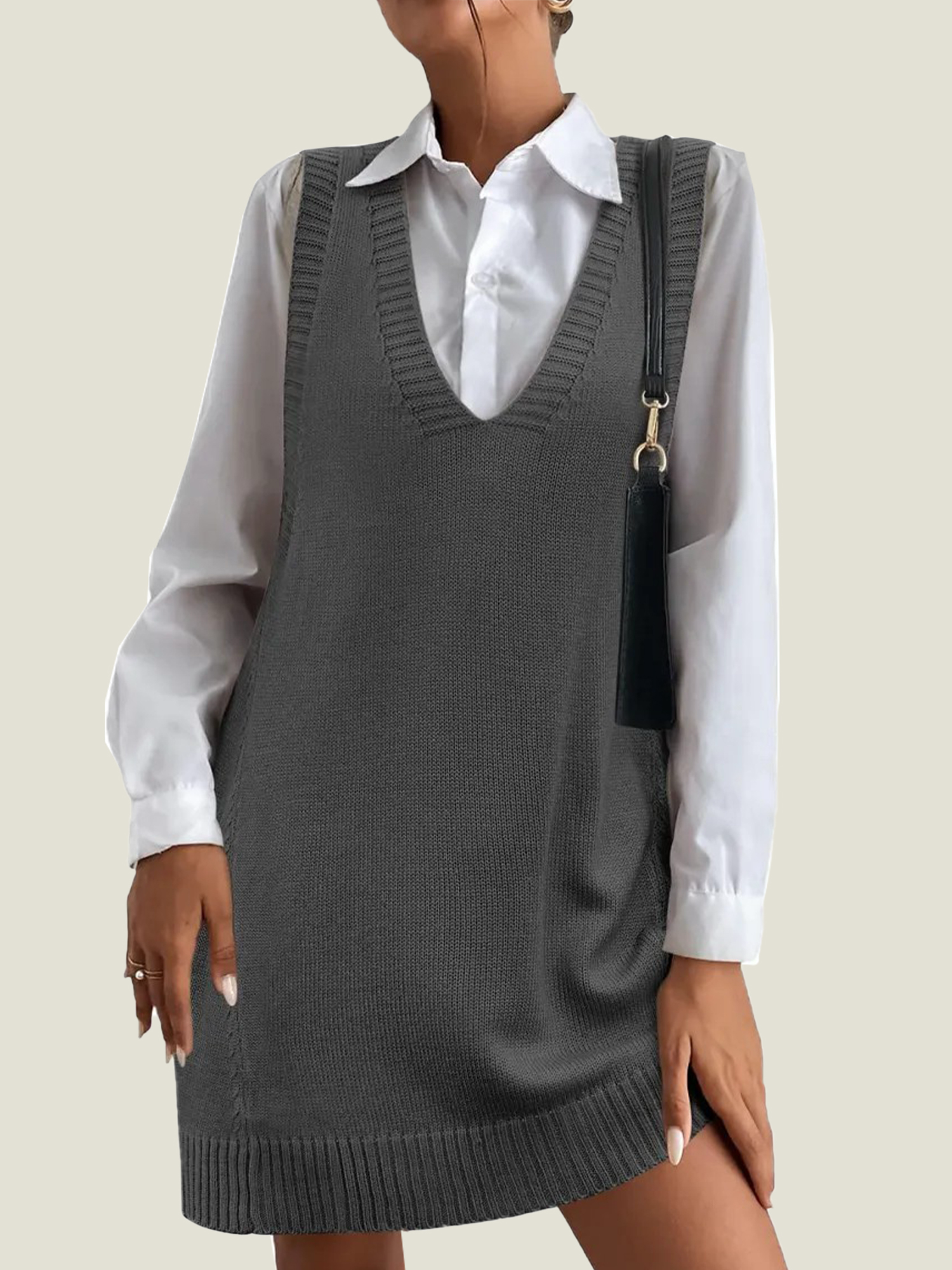 3-995 Women's V-Neck Sweater Vest Dress with Pockets (Buy 2 Free Shipping) - Image 1