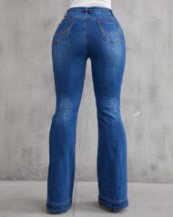 Ladies Flared High Waist Denim Button Stretch Trousers - Image 23