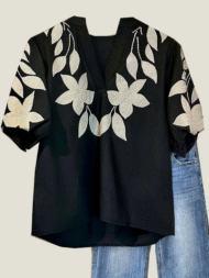 Women's V Neck Puff Sleeve Floral Embroidery  T-Shirt (Buy 2 Free Shipping) - Image 2