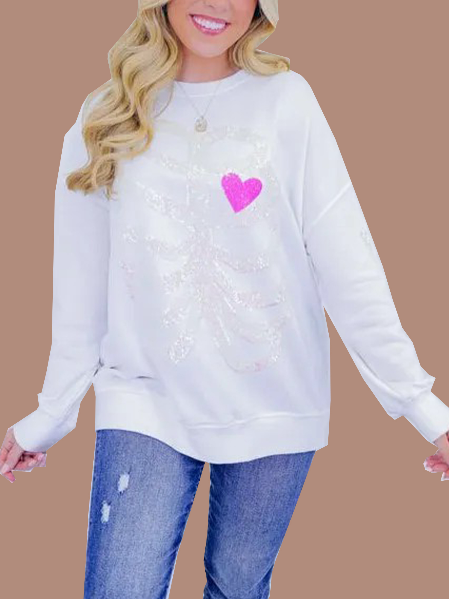 4-2-23 Women's Heart Skeleton Sequin Embellished Sweatshirt (Buy 2 Free Shipping) - Image 1