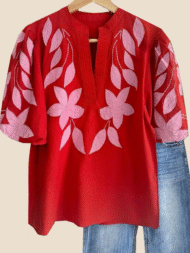 Women's V Neck Puff Sleeve Floral Embroidery  T-Shirt (Buy 2 Free Shipping)