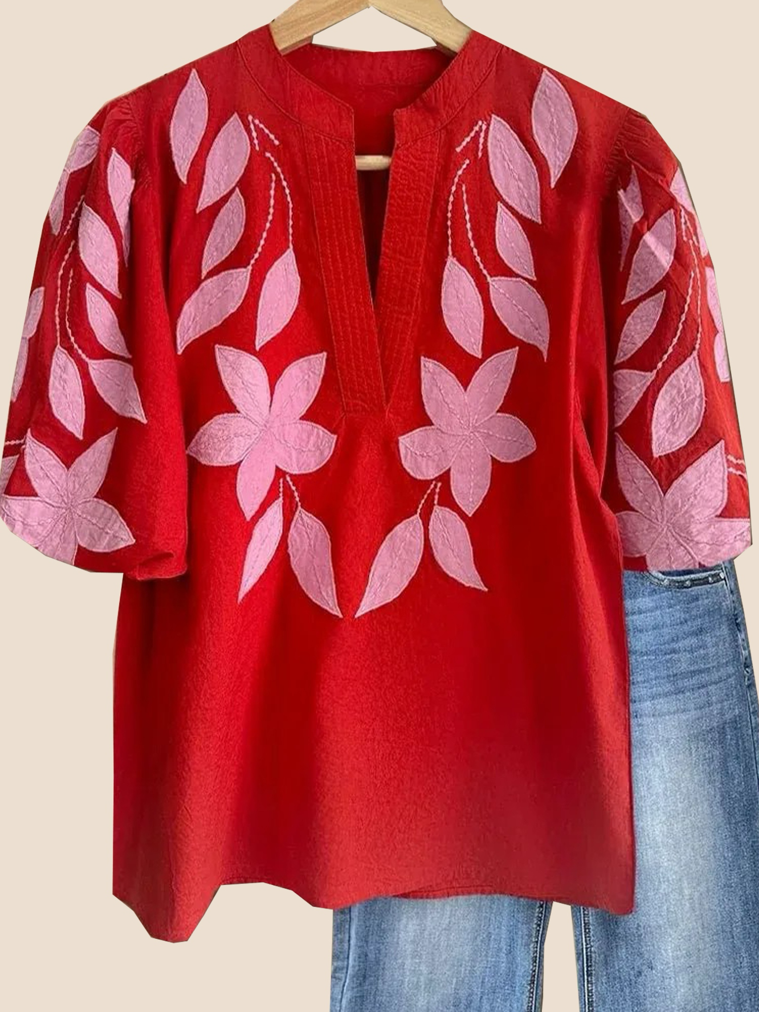 4-831 Women's V Neck Puff Sleeve Floral Embroidery T-Shirt (Buy 2 Free Shipping) - Image 1