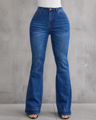 Ladies Flared High Waist Denim Button Stretch Trousers - Image 20