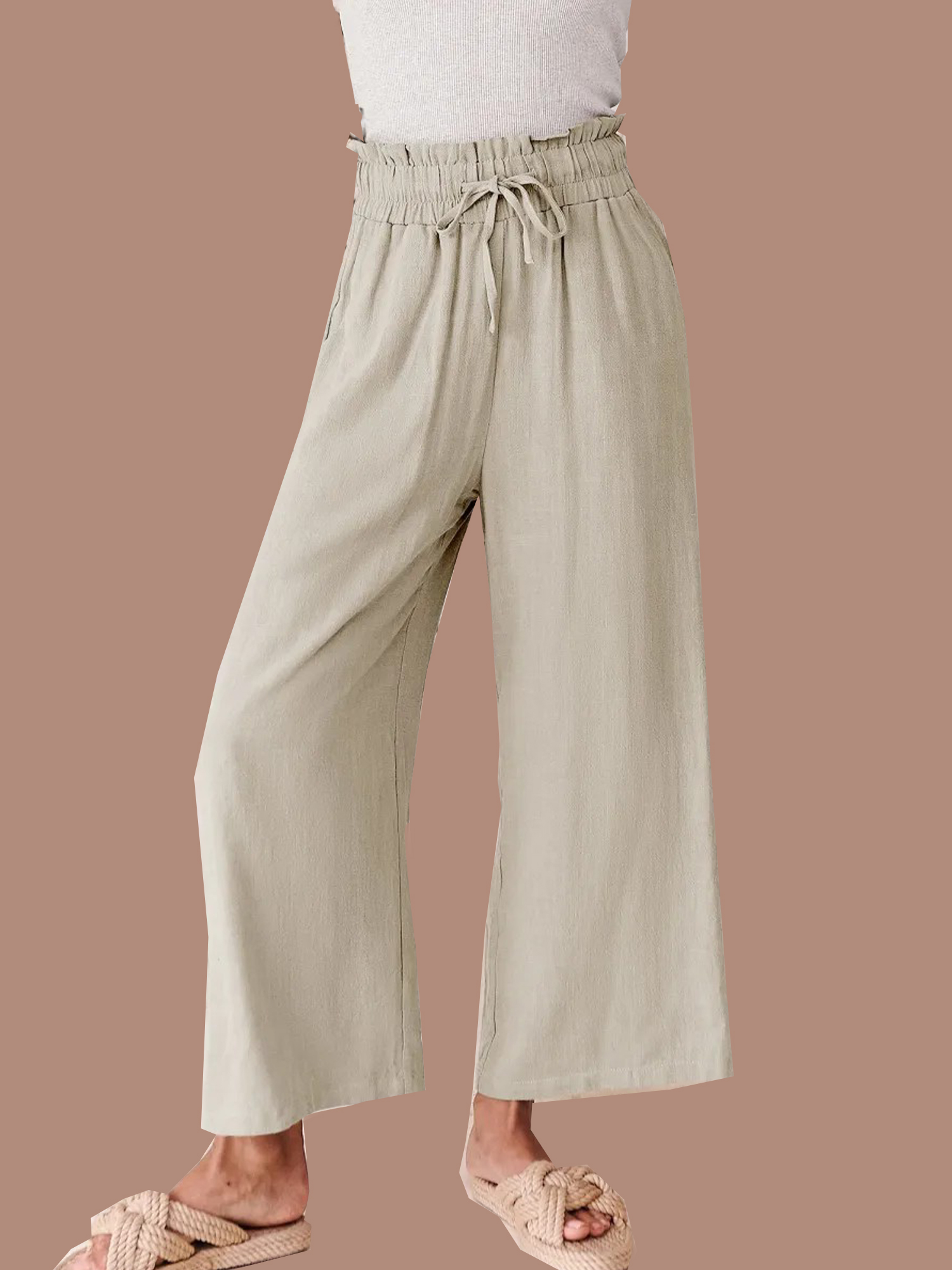 5-689 Women's High Waist Drawstring Wide Leg Linen Pants - Image 1