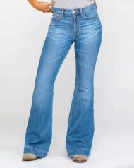 Ladies Flared High Waist Denim Button Stretch Trousers - Image 5