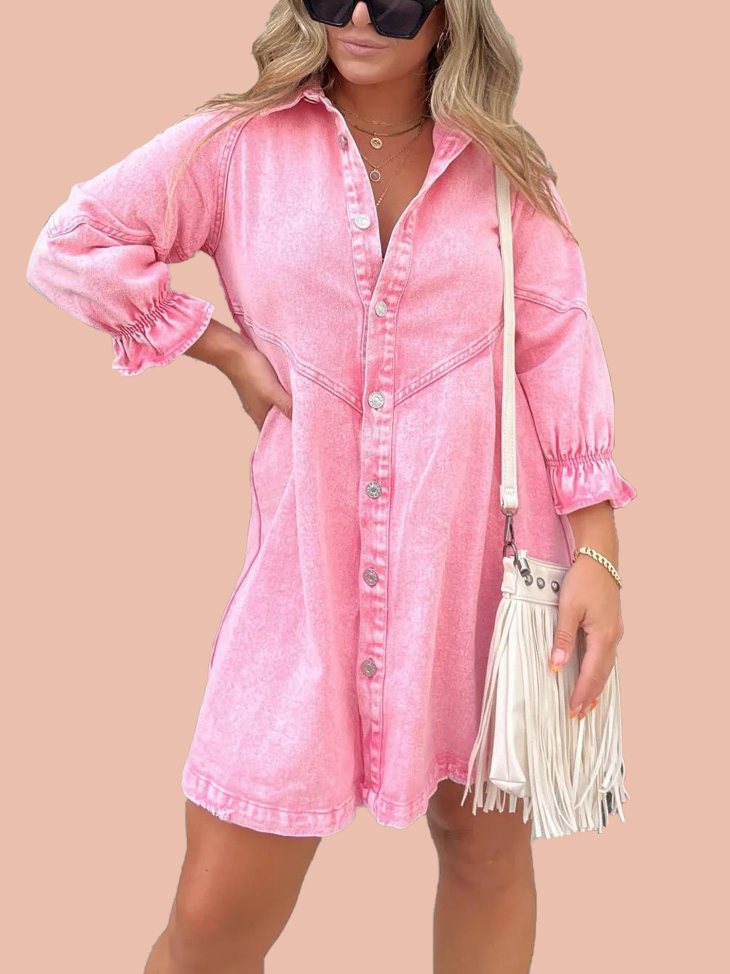 6-2-19 Button Denim Bubble Sleeve Dress (Buy 2 Free Shipping) - Image 1