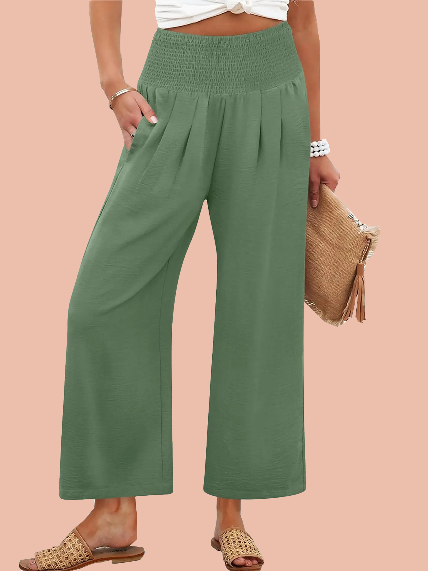 6-477 Women's Smocked Waist Wide Leg Palazzo Pants (Buy 2 Free Shipping) - Image 1